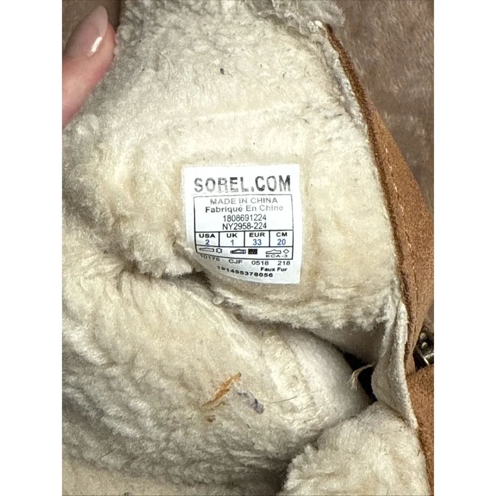 Good  Sorel Waterproof Suede Winter Boots Kids Sz 2 Tan Faux Fur Lined Durable